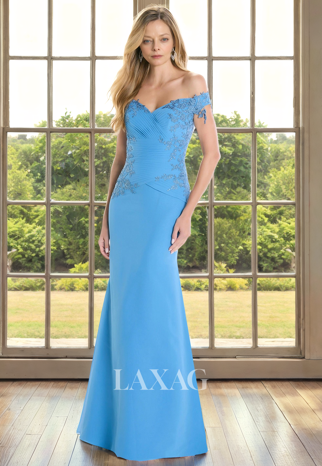 Off Shoulder Beaded Lace Appliques Sleek Satin Mother of the Bride Dress with Train