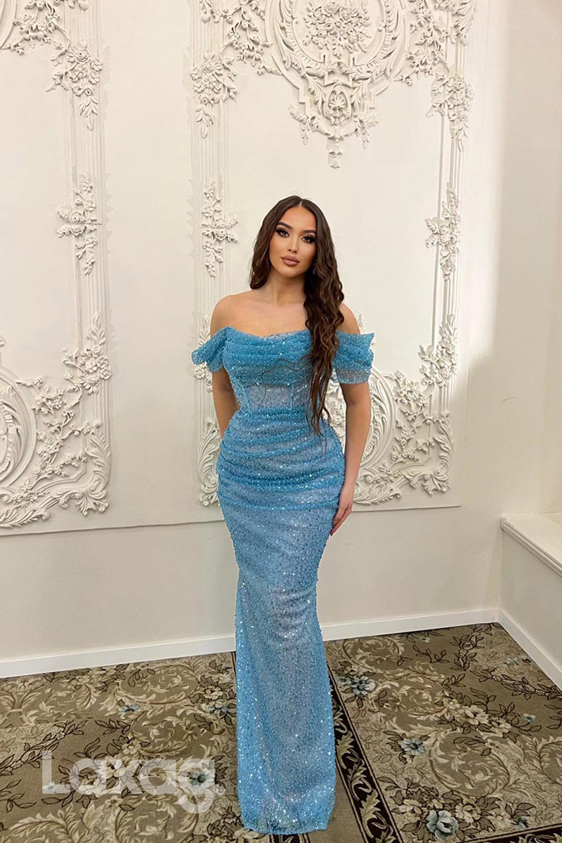 22161 - Off Shoulder Illusion Beaded Sleek Satin Mermaid Party Prom Formal Dress