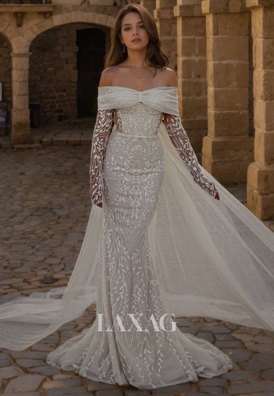 Off Shoulder Long Sleeves Tulle Lace Elegant Wedding Dress with Train Laxag Off Shoulder Long Sleeves Tulle Lace Elegant Wedding Dress with Train Laxag