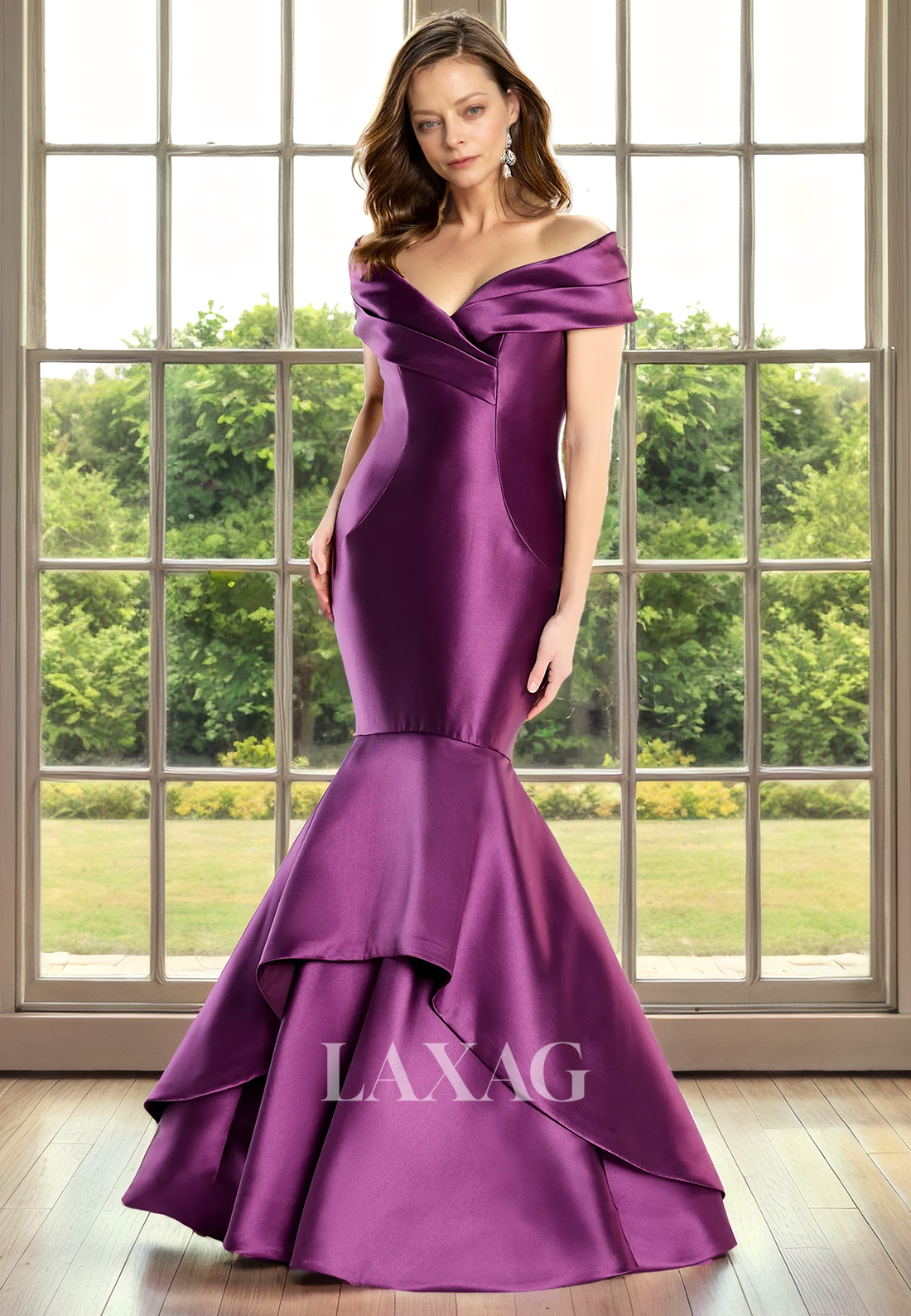 Off Shoulder Tiered Sleek Satin Mermaid Mother of the Bride Dress with Train