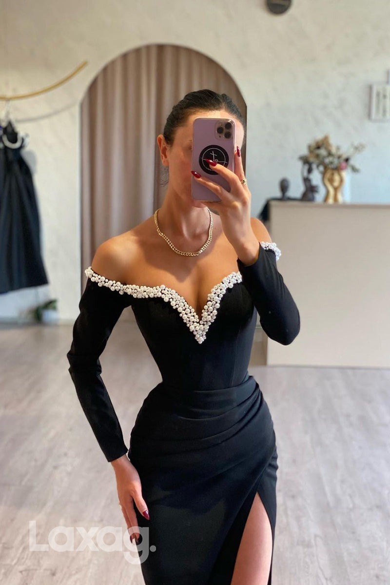 22123 - Off Shoulder V-Neck Pearls Draped Sleek Satin High Slit Mermaid Sexy Prom Dress