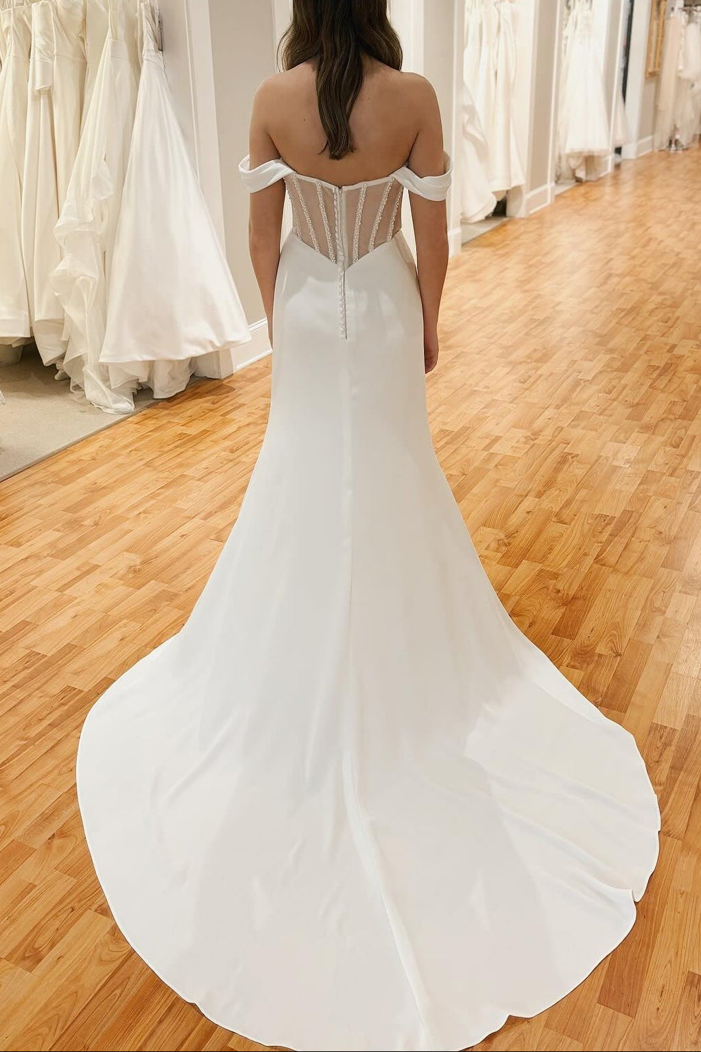 Tube Top Off-Shoulder Sleeveless Satin Pleated Mermaid Wedding Dress with High Slit