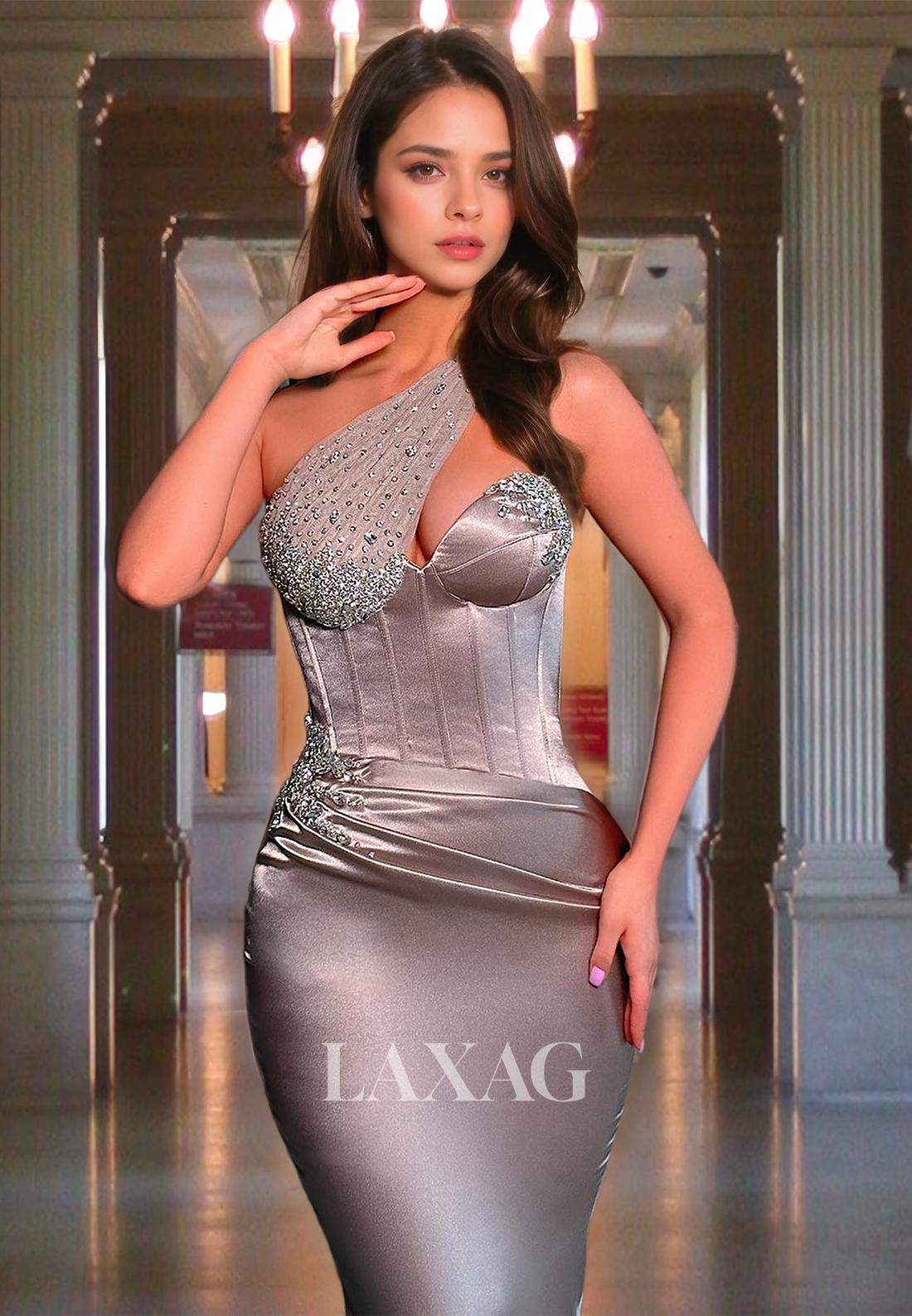 فستان سهرة رسمي أنيق من الساتان بكتف واحد مزين بالخرز لحفلات التخرج وحفلات الزفاف