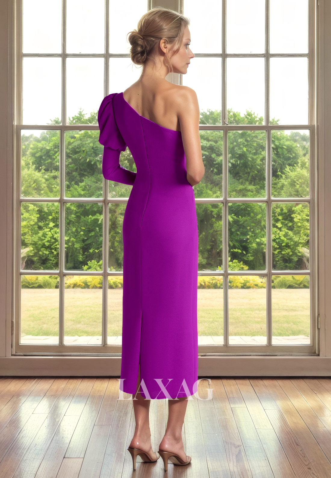 One Shoulder Long Sleeves Sleek Satin Elegant Mother of the Bride Dress