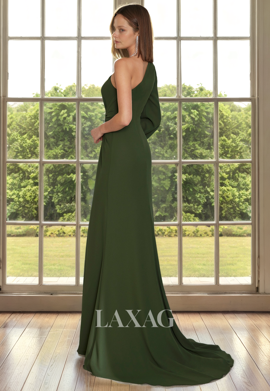 One Shoulder Long Sleeves Sleek Satin Mother of the Bride Dress with Slit