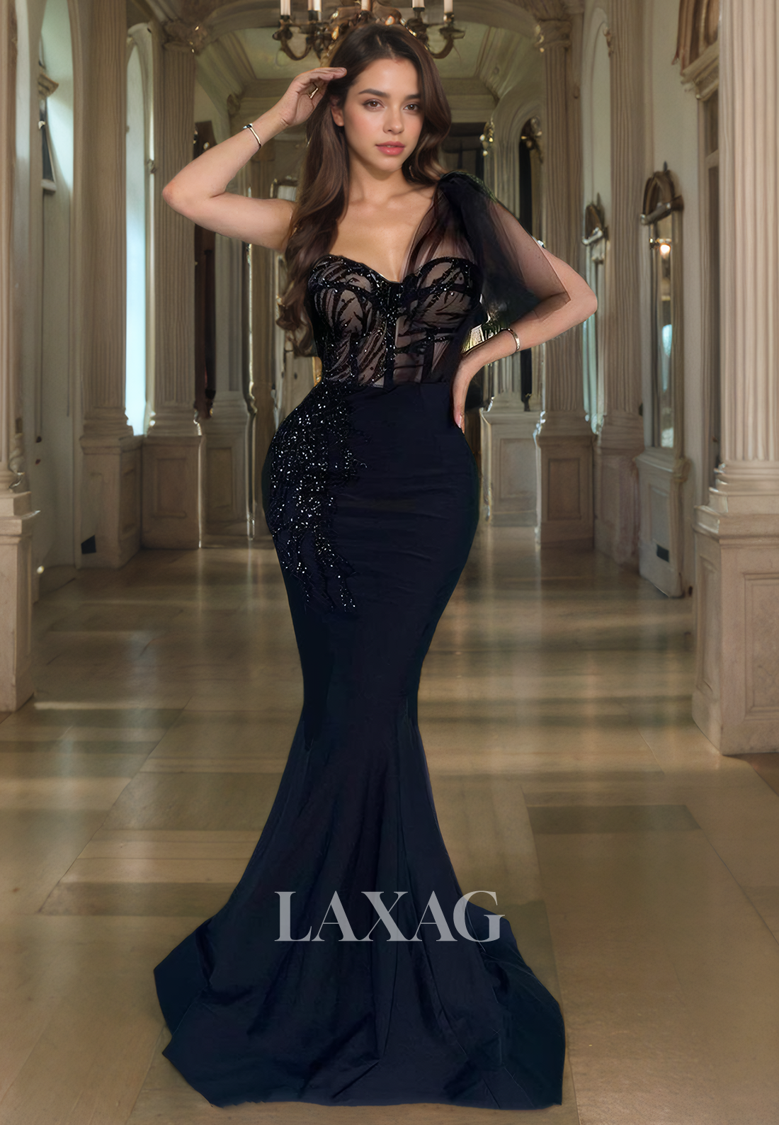 فستان سهرة حورية البحر من الساتان بدون أكمام على شكل قلب، مزين بالترتر والخرز، مزين بفتحات، فساتين رسمية مع ذيل