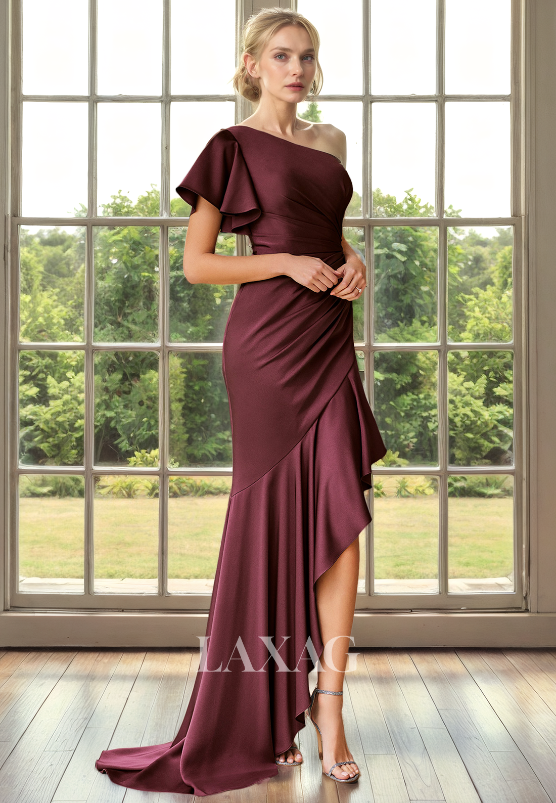 One Shoulder Short Sleeves Pleated Sleek Satin Mother of the Bride Dress