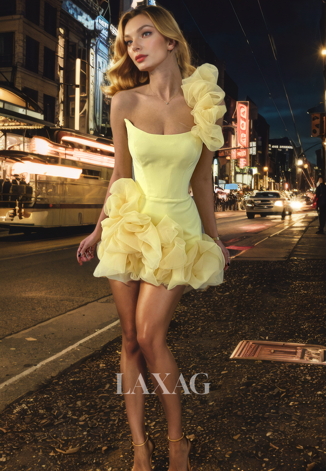 فستان أنيق لحفلات العودة للمدرسة من التول والساتان بدون حمالات بكتف واحد