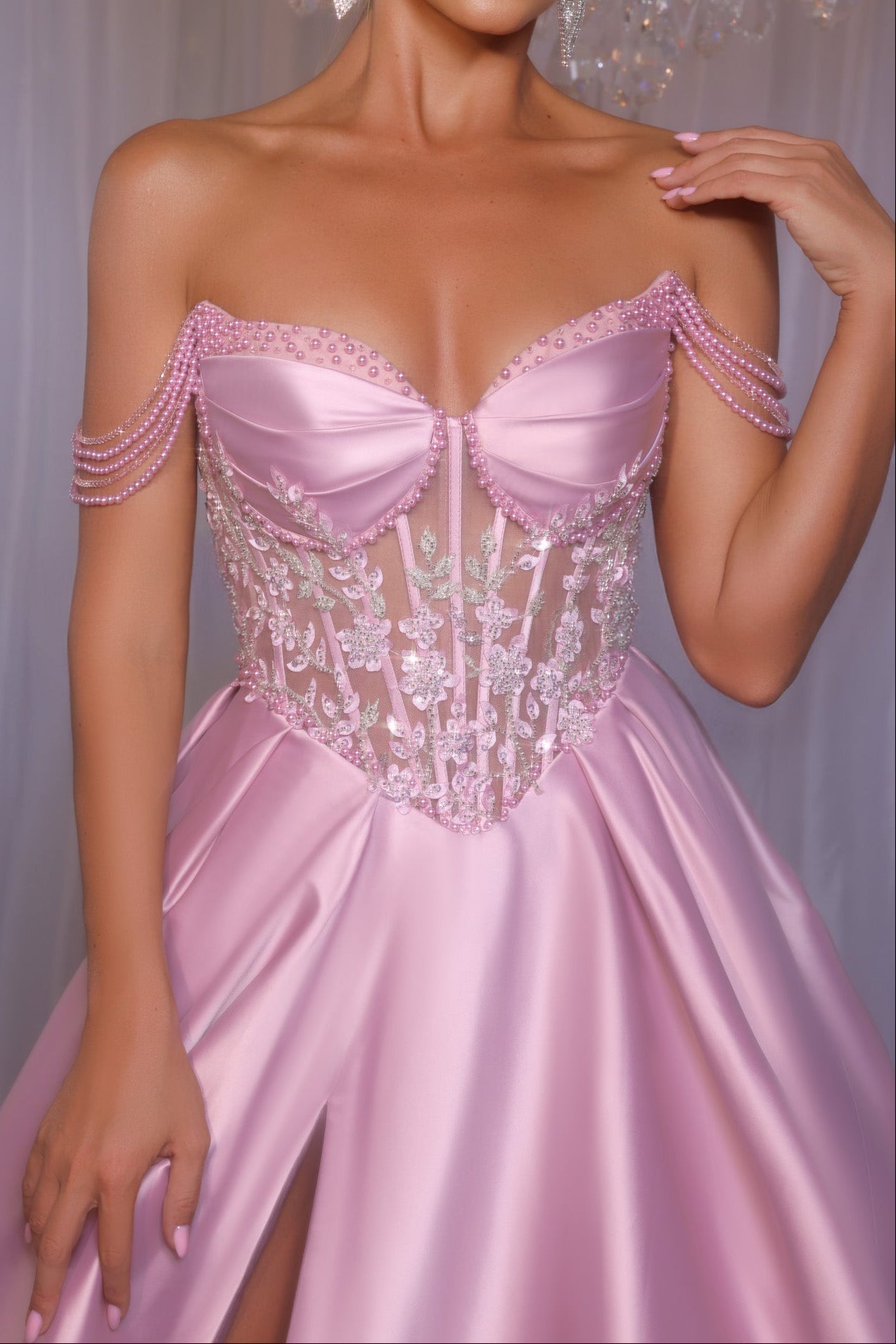 Off-Shoulder Sweetheart Sequined Beaded Satin Pleated A-Line Prom Dress with High Slit