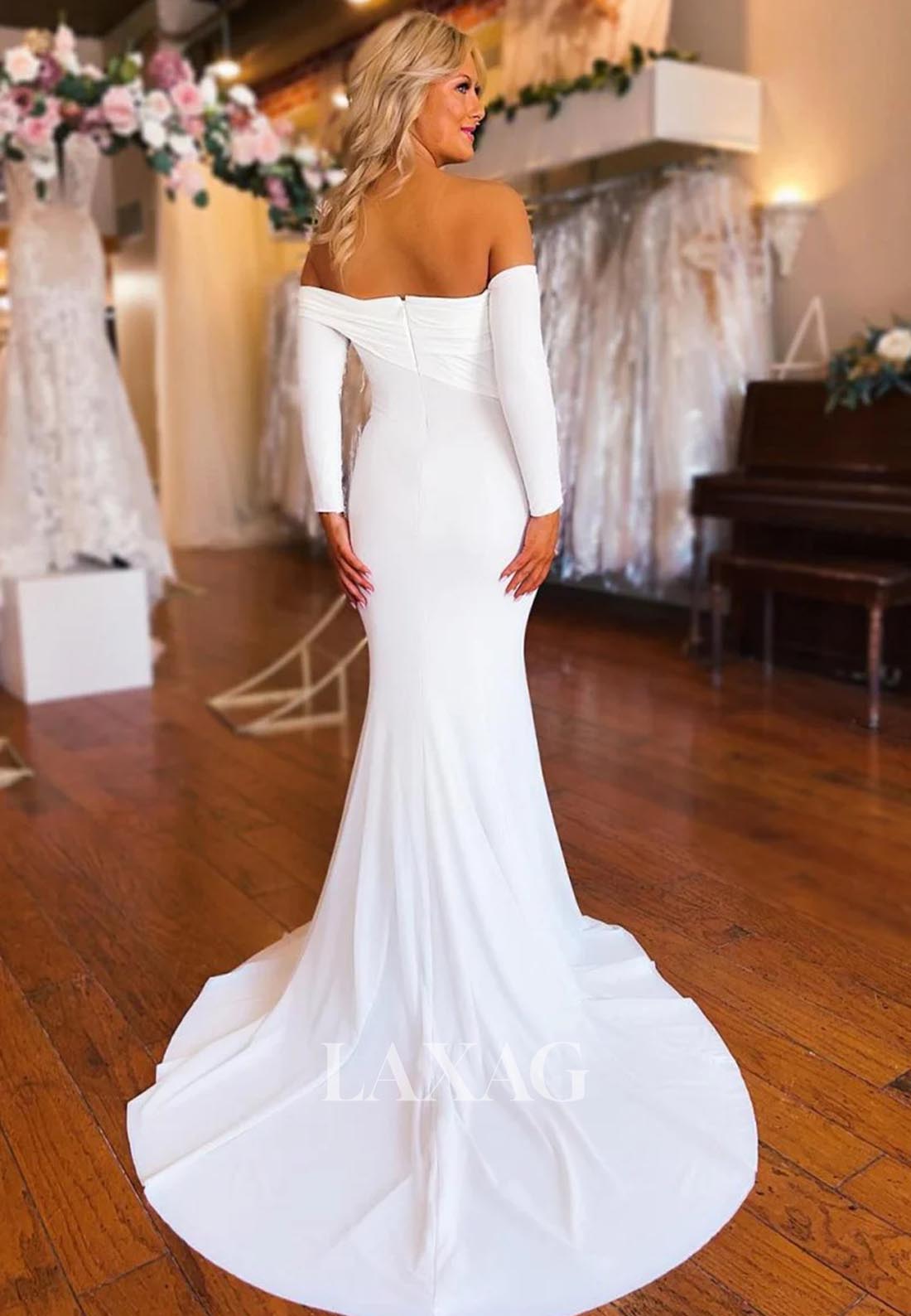 Tube Top Long-Sleeves Sweep Train Mermaid Wedding Dress Off-Shoulder Pleated Chiffon Bride Gowns