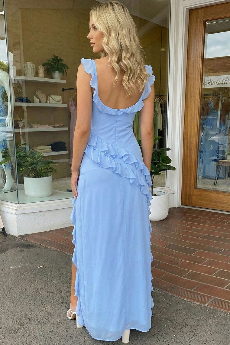 Square-Neck Spaghetti Straps Sleeveless Ruffled Chiffon Mermaid Prom Dress with Slit