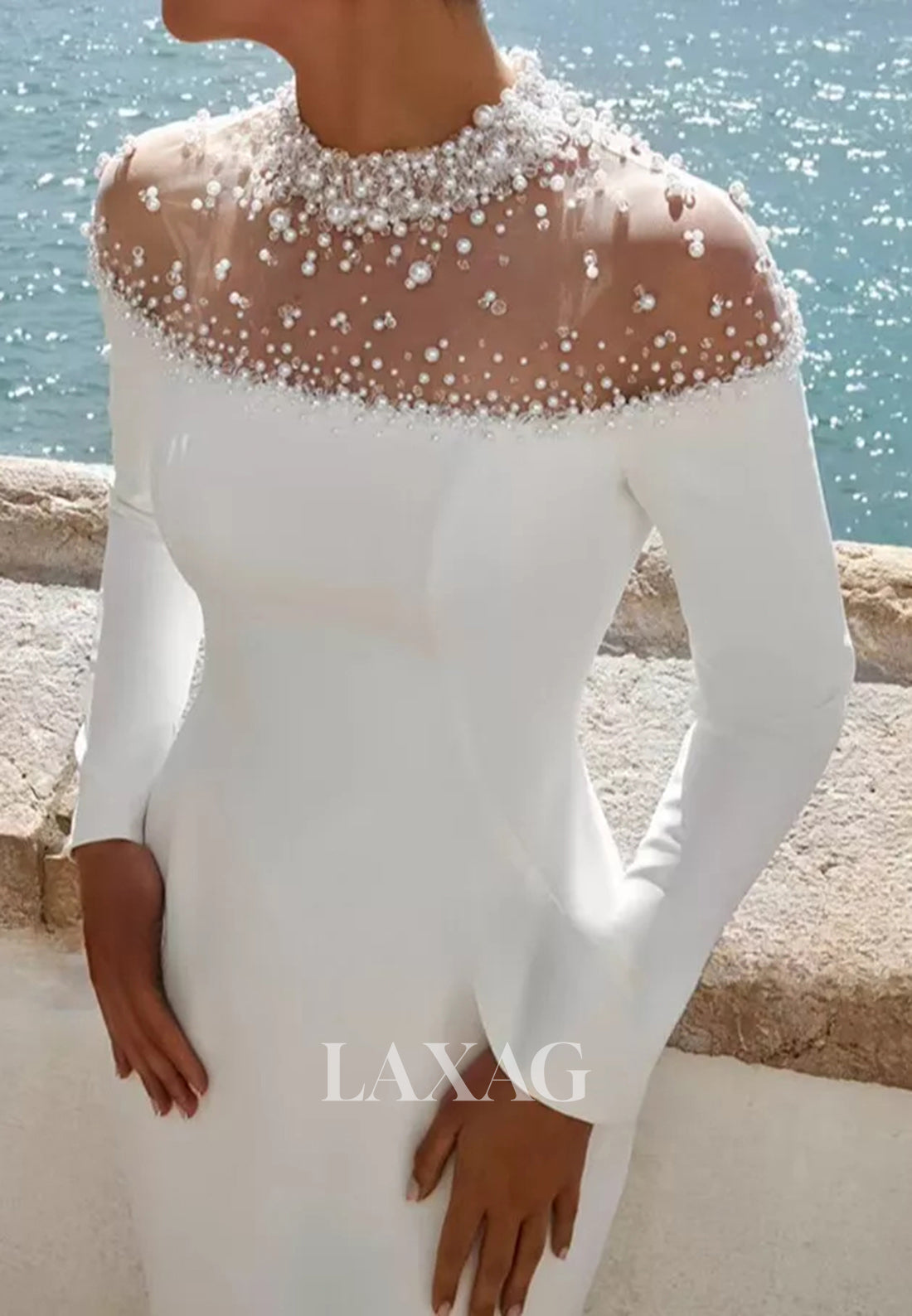 High-Neck Long-Sleeves Sweep Train Mermaid Wedding Dress Beaded Chiffon Bride Gowns