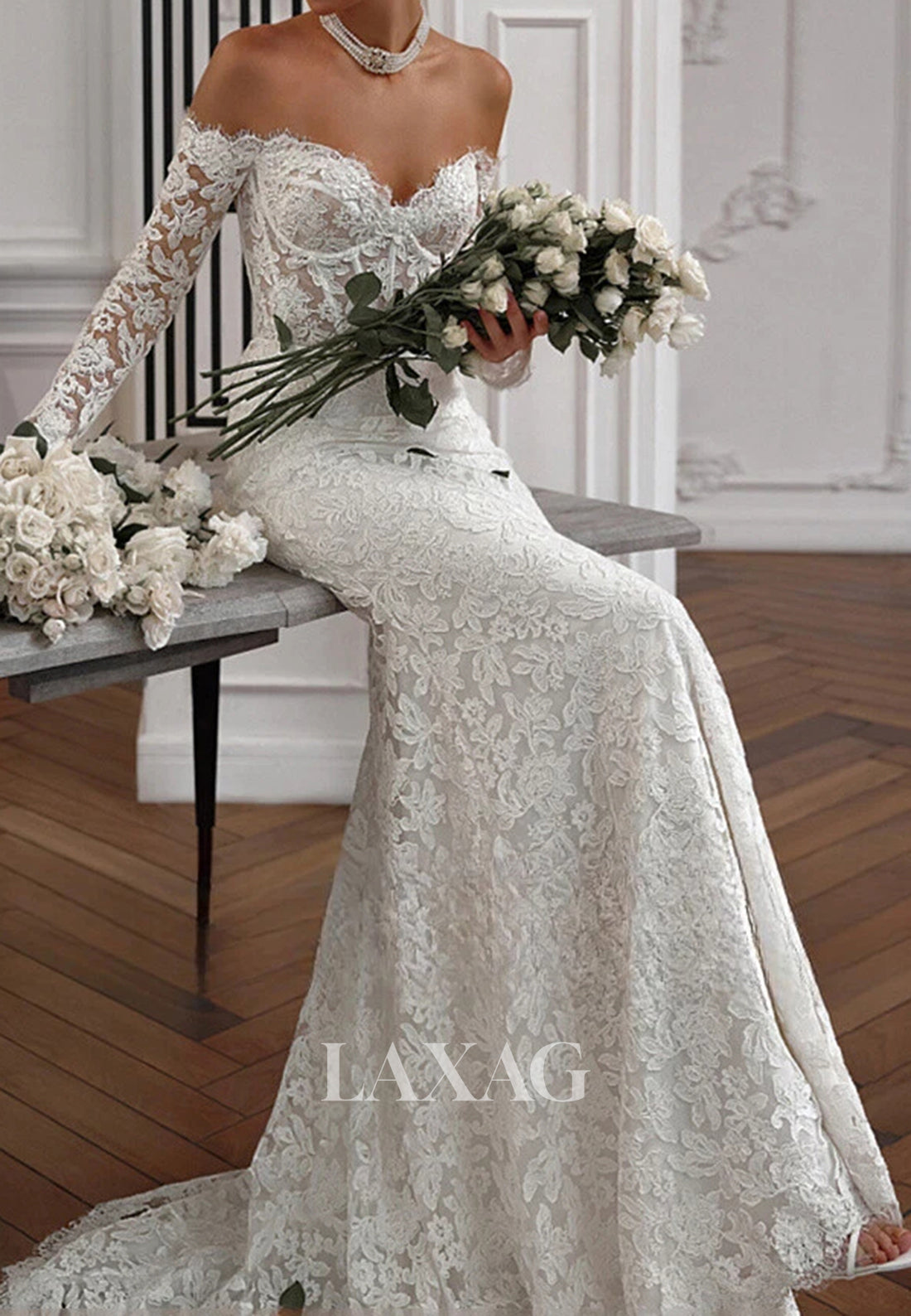 Sweetheart Long-Sleeves Sheer Bride Gowns Allover Lace Sweep Train Mermaid Wedding Dress