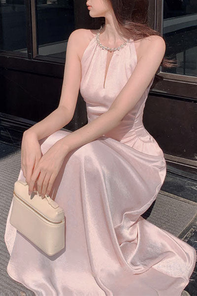 Scoop-Neck Off-Shoulder Sleeveless Beaded Satin Pleated Floor-Length A-Line Prom Dress