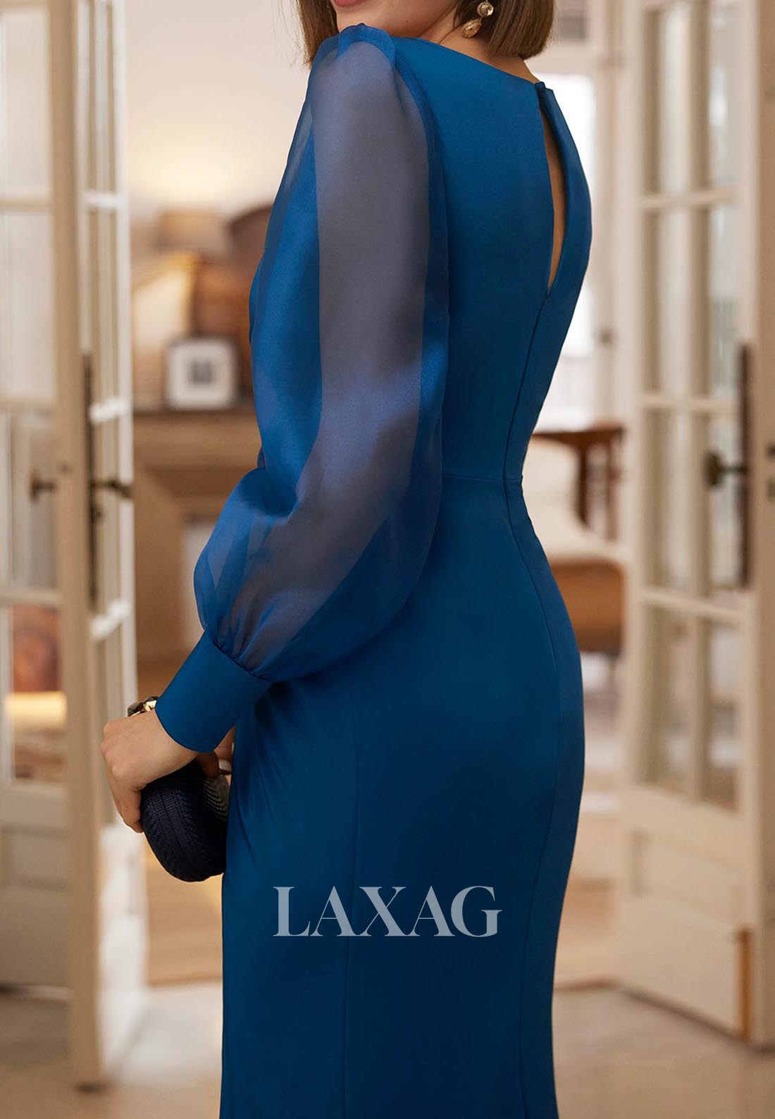 V-Neck Long-Tulle-Sleeves Mermaid Mother of the Bride Dress Pleated Satin Tea Length Cocktail Gowns