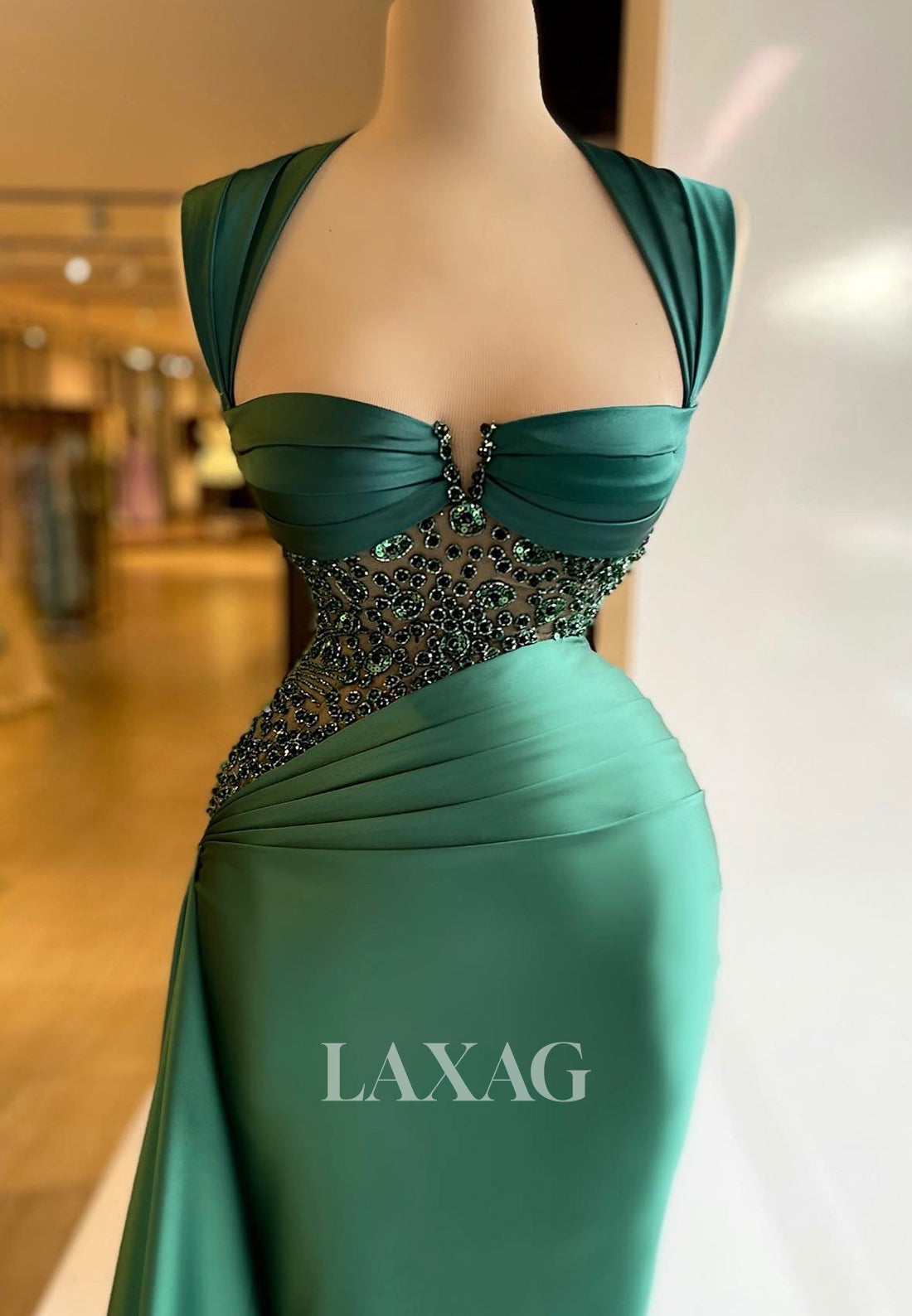 Sweetheart Sleeveless Beaded Pleated Satin Mermaid Prom Dress with Sweep Train