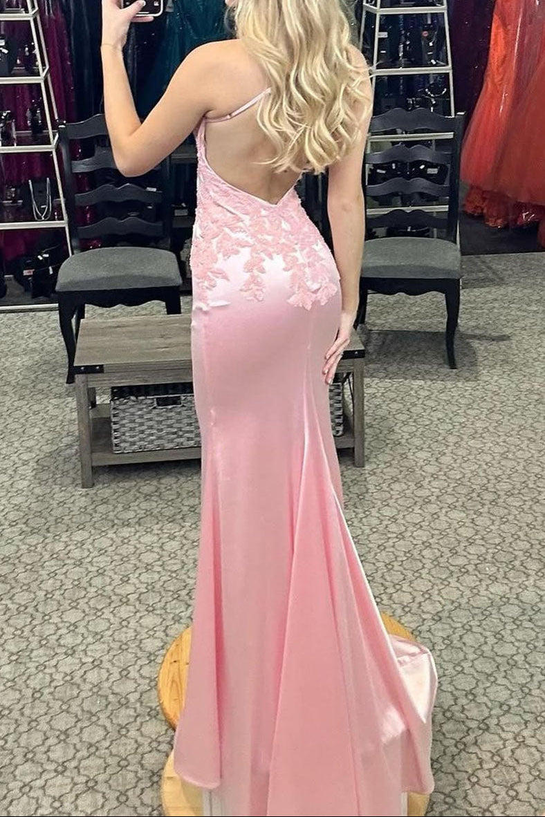V-Neck Spaghetti Straps Sleeveless Floor-Length Beaded Applique Satin Mermaid Prom Dress