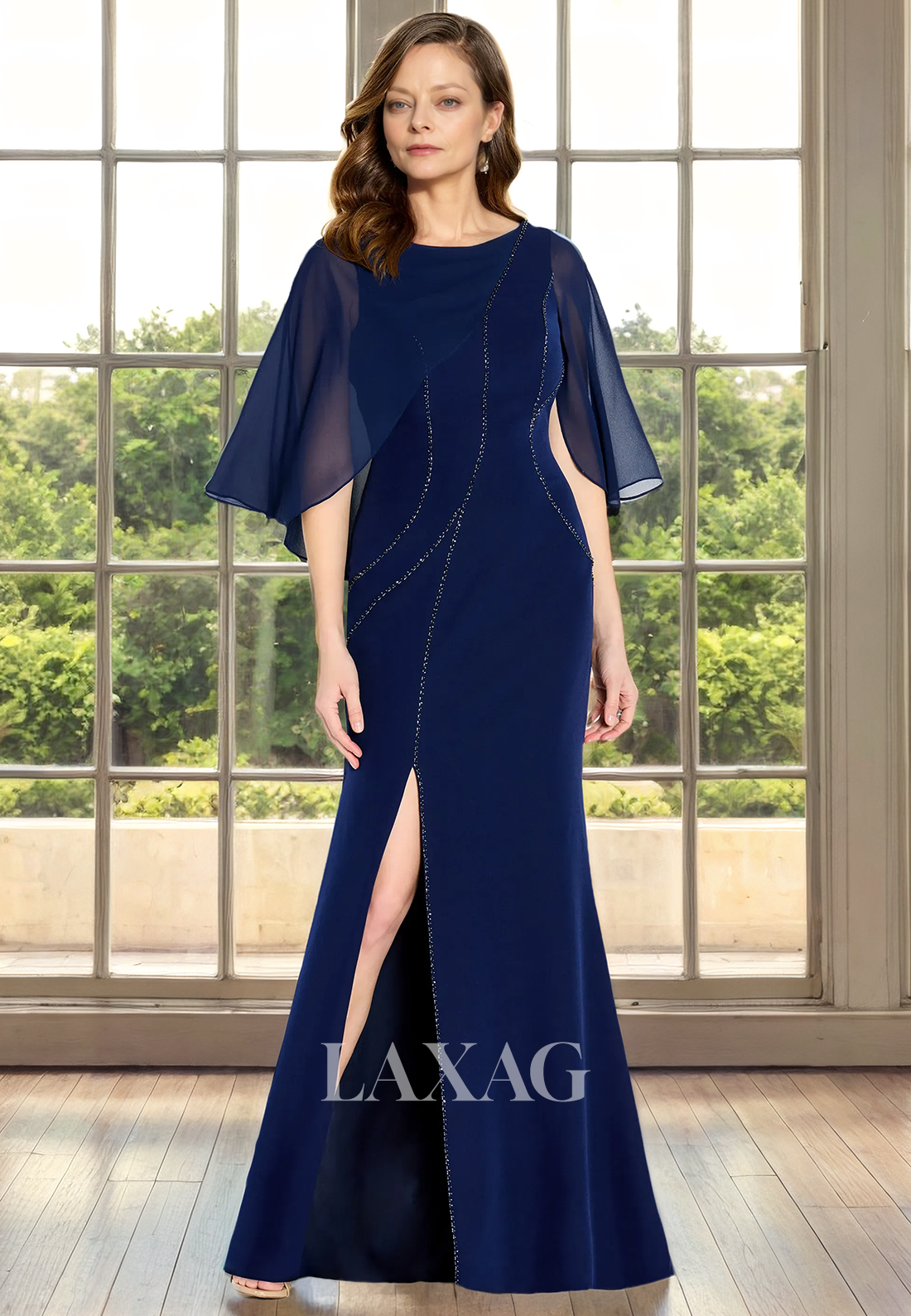 Round Beaded Sleek Satin Elegant Mermaid Mother of the Bride Dress with Slit