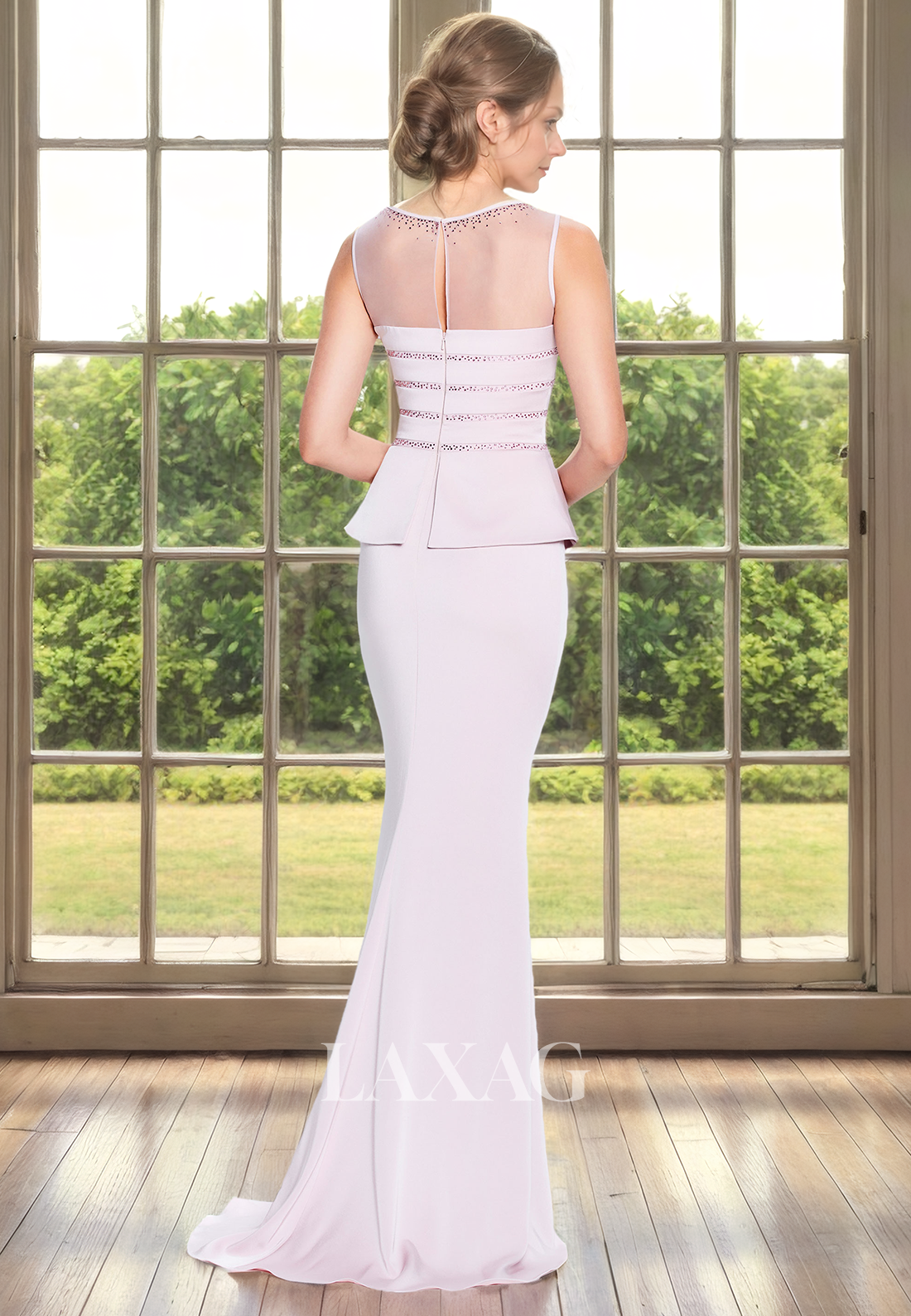 Round Beaded Tulle Sleek Satin Mermaid Mother of the Bride Dress with Train