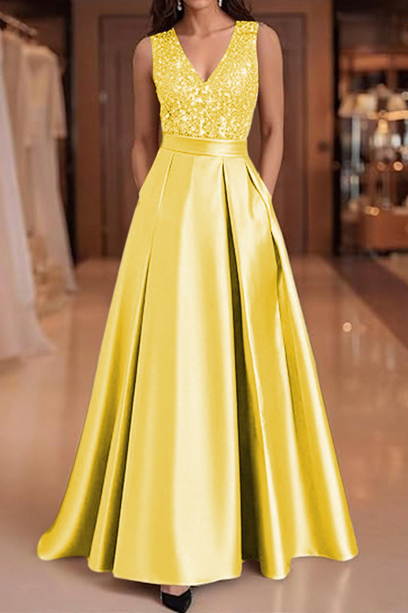 V-Neck Straps Sleeveless Floor-Length Sequined Pleated Satin A-Line Evening Dress