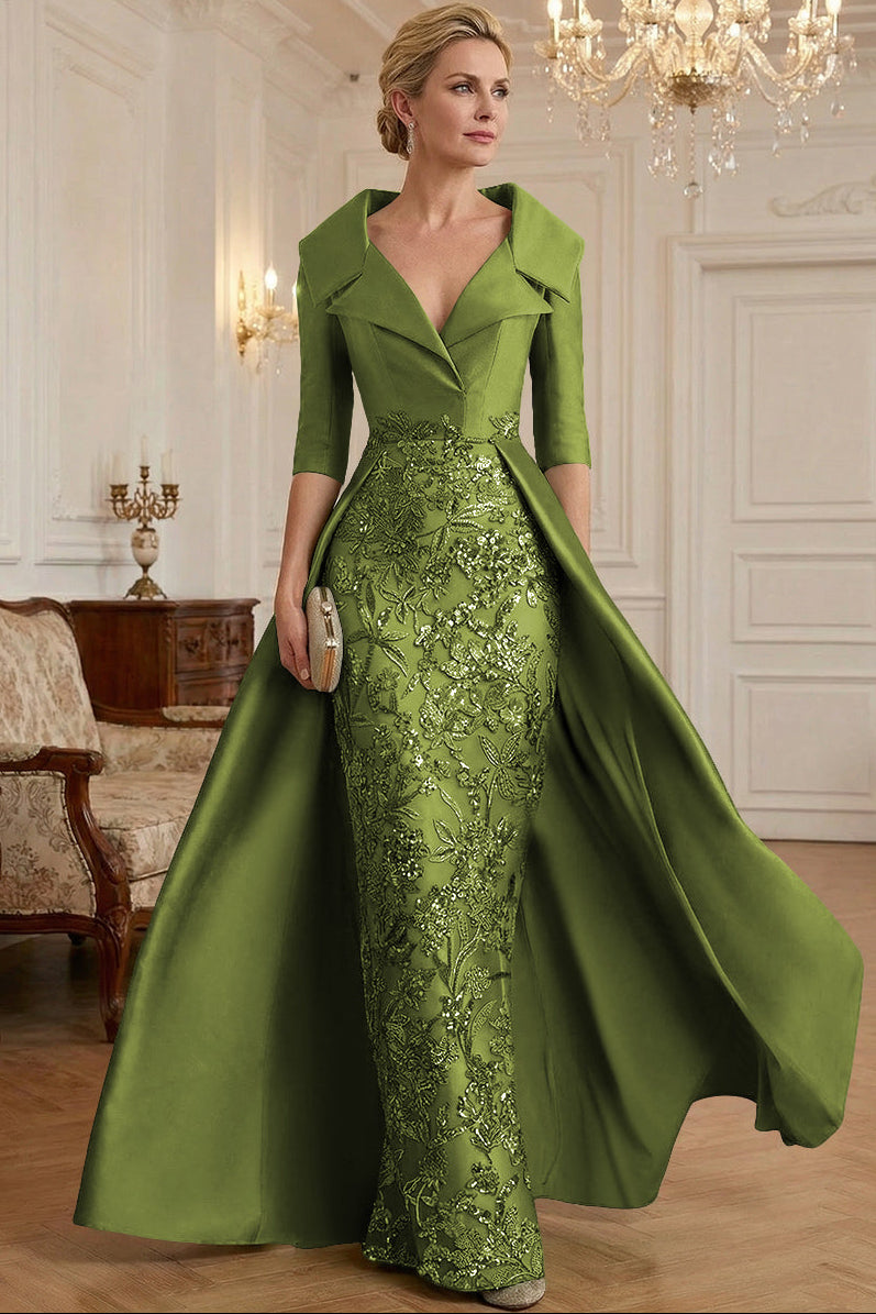 V-Neck Collared 3/4-Sleeve Beaded Sequined Satin Mother of the Bride Dress with Overlay
