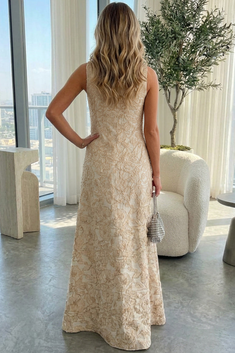 A-Line High-Neck Sleeveless 3D-Floral Applique Jacquard Satin Mother of the Bride Dress