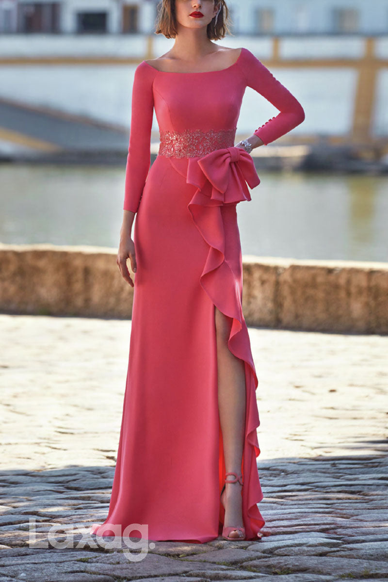 23095 - Scoop Long Sleeves Lace Sleek Satin Mother Of the Bride Dress Laxag 23095 - Scoop Long Sleeves Lace Sleek Satin Mother Of the Bride Dress Laxag