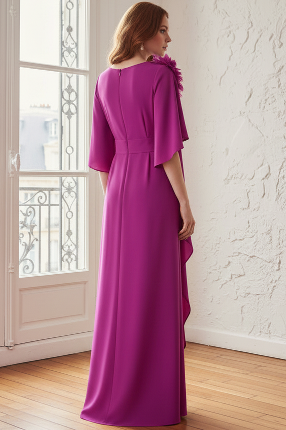 Scoop-Neck Half-Sleeves 3D-Floral Ruffled Chiffon Floor-Length Fitted Mother of the Bride Dress