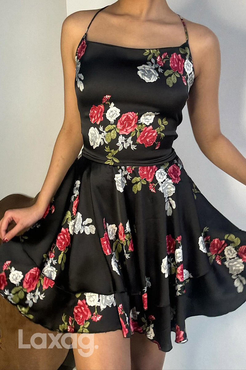 22897 - Sexy A-Line Halter Printed Crisscross Back Party Homecoming Dress