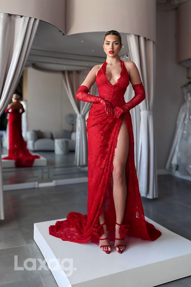22284 - Sexy Halter Lace Appliques High Slit Party Prom Formal Evening Dress with Train 22284 - Sexy Halter Lace Appliques High Slit Party Prom Formal Evening Dress with Train