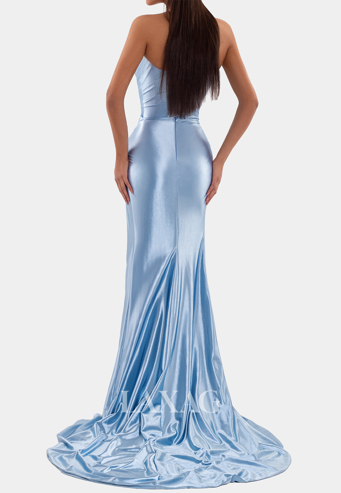Asymmetrical-Neck Sleeveless Beaded Draped Sleek Satin High Slit Mermaid Prom Dress with Train