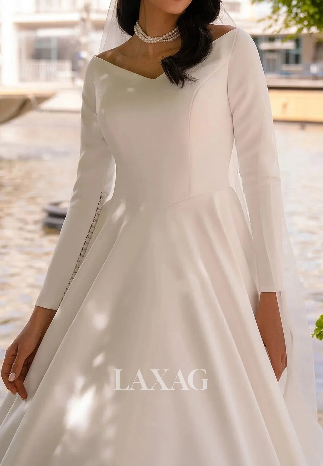 Simple V-Neck Long-Sleeves Pleated Satin A-Line Wedding Dress with Sweep Train