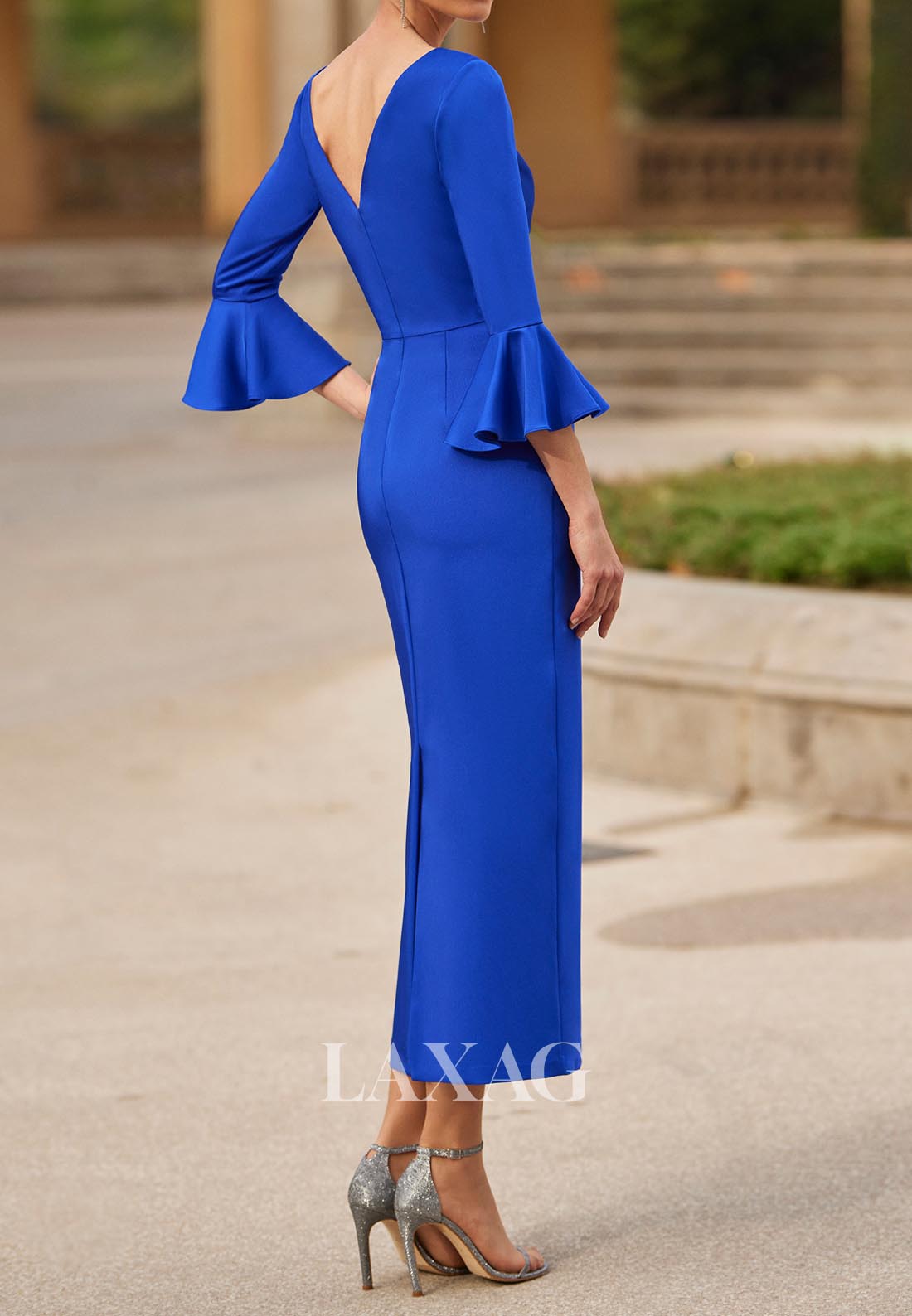 3/4 Sleeves Scoop-Neck Mermaid Mother of the Bride Dress Pleated Tea-Length Satin Cocktail Gowns