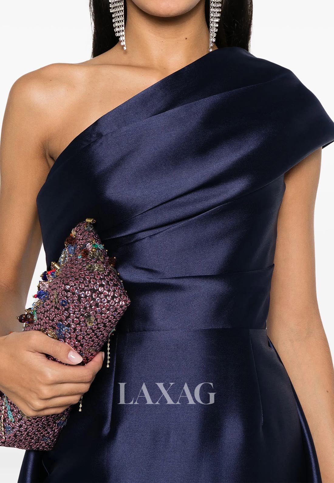 Asymmetrical-Neck Ankle-Length Formal Gowns Pleated Satin Mermaid Evening Dress with Train