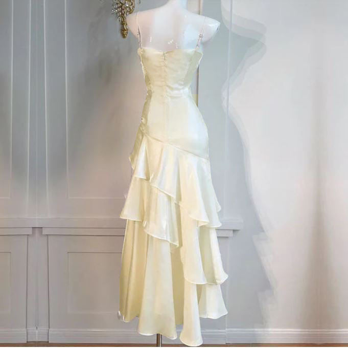 Off-Shoulder Tube Top Spaghetti Straps Floor-Length Chiffon Pleated Tiered Fitted Prom Dress