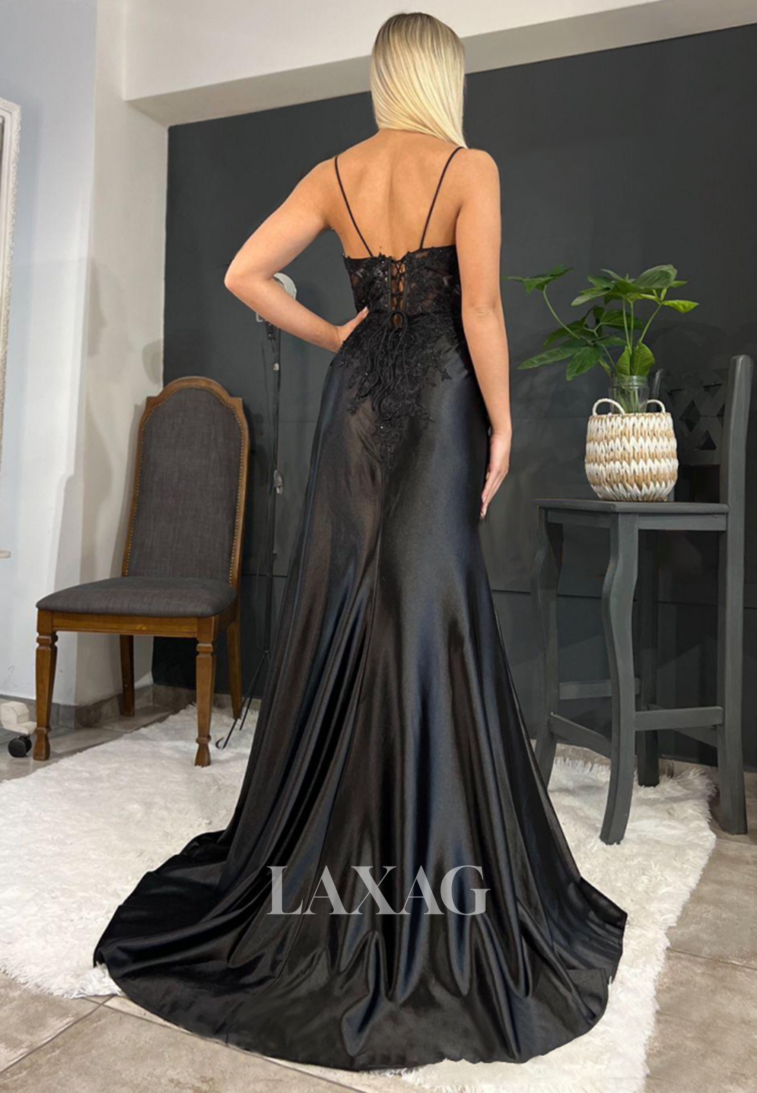 22257 - Spaghetti Straps Appliques illusion High Slit Party Prom Formal Evening Dress
