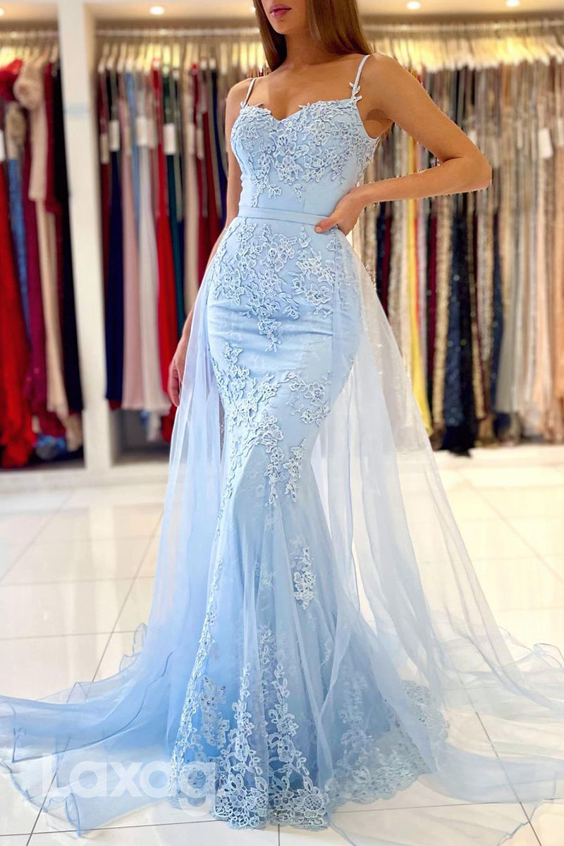 22251 - Spaghetti Straps Appliques Mermaid Party Prom Formal Evening Dress with Overlay