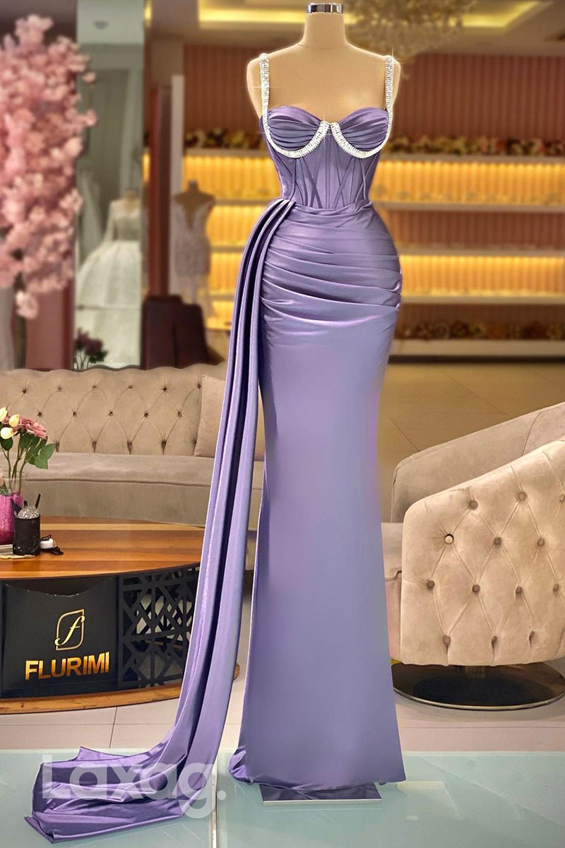 22278 - Spaghetti Straps Beaded Draped Sleek Satin Mermaid Prom Dress Laxag 22278 - Spaghetti Straps Beaded Draped Sleek Satin Mermaid Prom Dress Laxag
