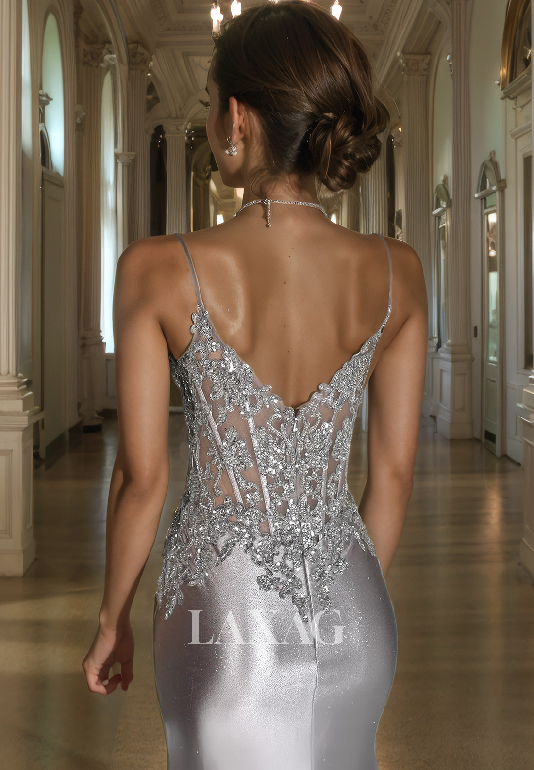 V-Neck Sleeveless Spaghetti Straps Party Gowns Beaded Glitter-Knit Mermaid Prom Dress with Sweep Train