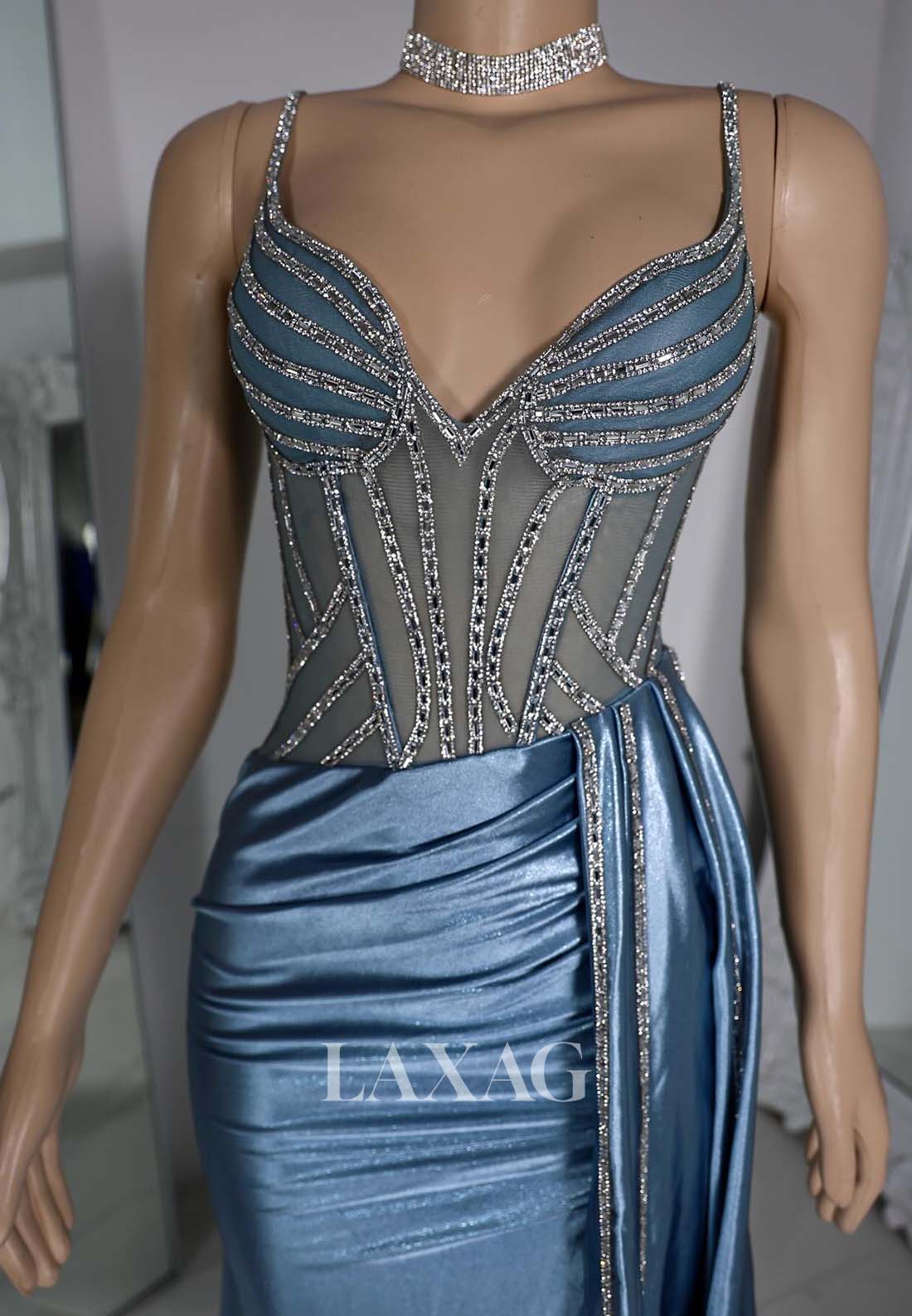 Spaghetti Straps Beaded Mermaid Prom Dress Off-Shoulder Sleeveless Pleated Formal Gowns with Train