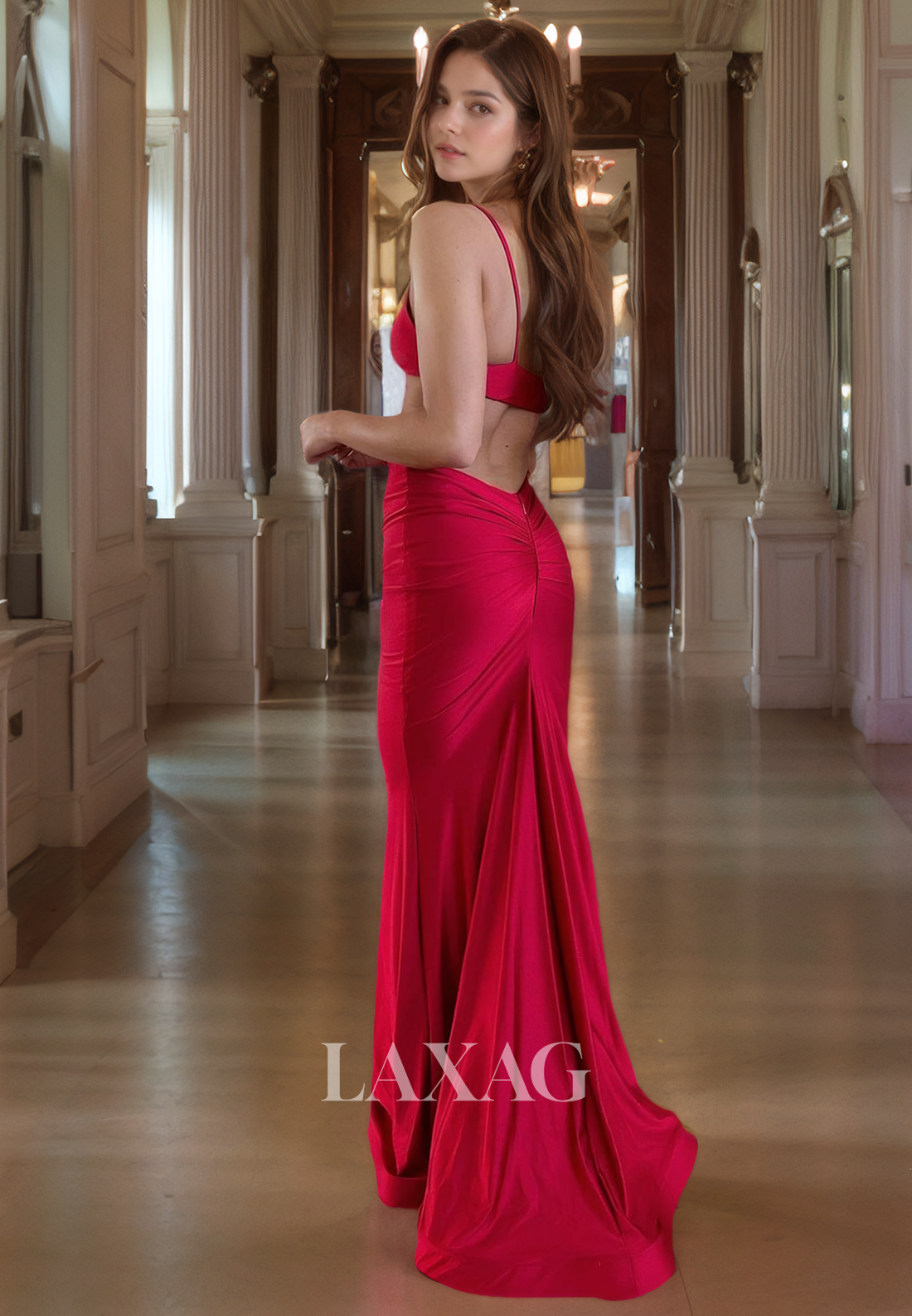 Spaghetti Straps Cutout Sleek Satin Mermaid Party Prom Formal Evening Dress