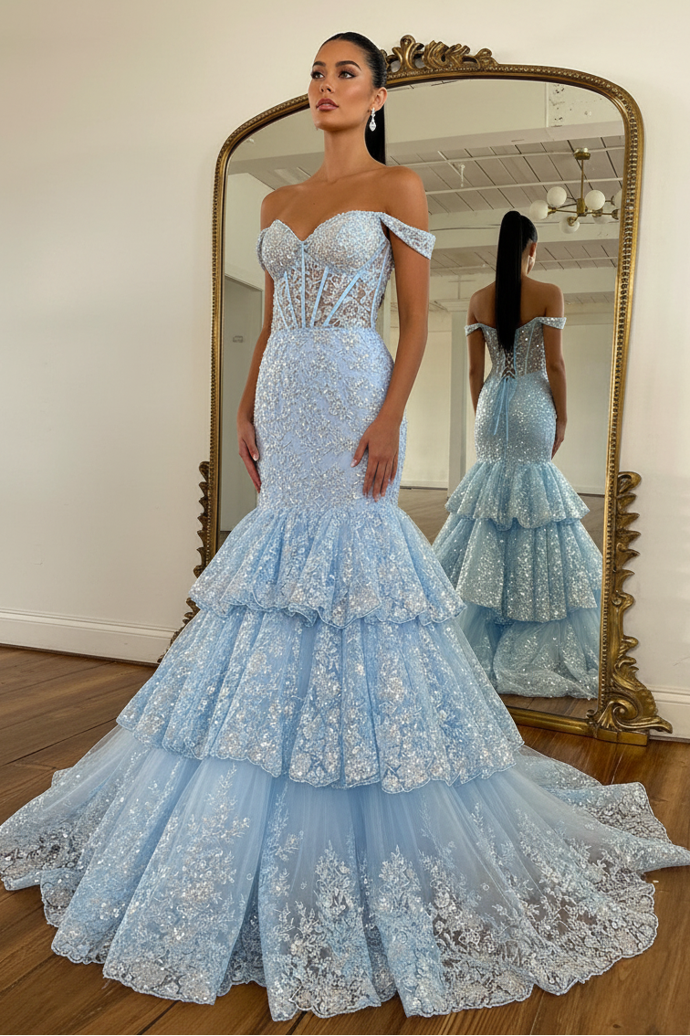 Fully Sequined Applique Tulle Pleated Sweetheart Tiered Trumpet Mermaid Prom Dress