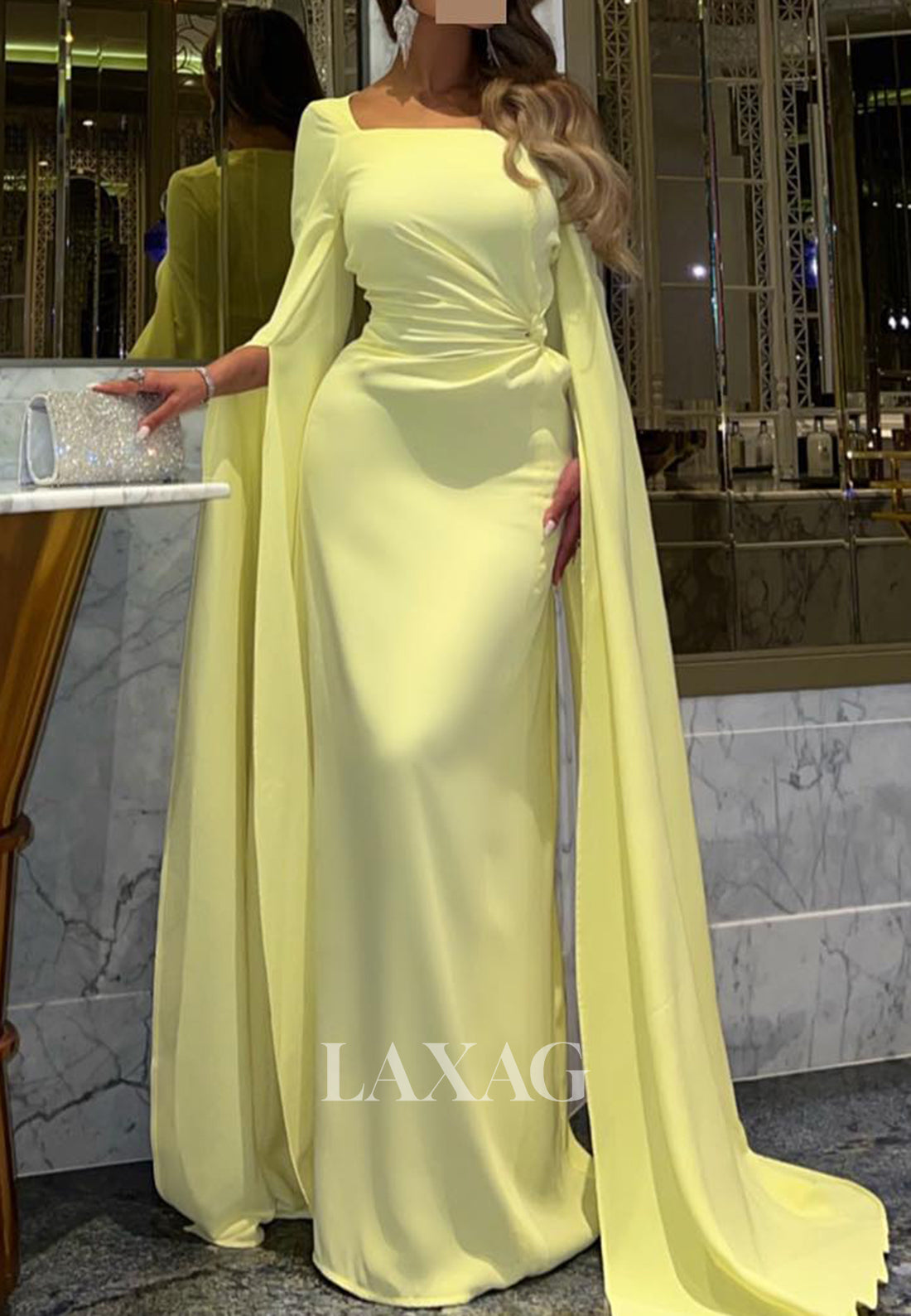 Square-Neck Half-Sleeves Mermaid Evening Dress Pleated Satin Floor-Len Laxag Square-Neck Half-Sleeves Mermaid Evening Dress Pleated Satin Floor-Len Laxag