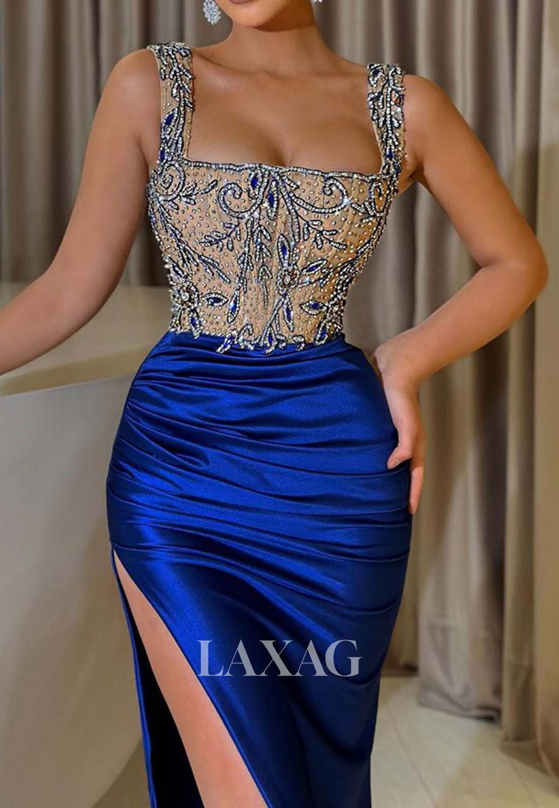 Square-Neck Sleeveless Appliques Pleated Satin Mermaid Prom Dress Beaded High Slit Party Gowns