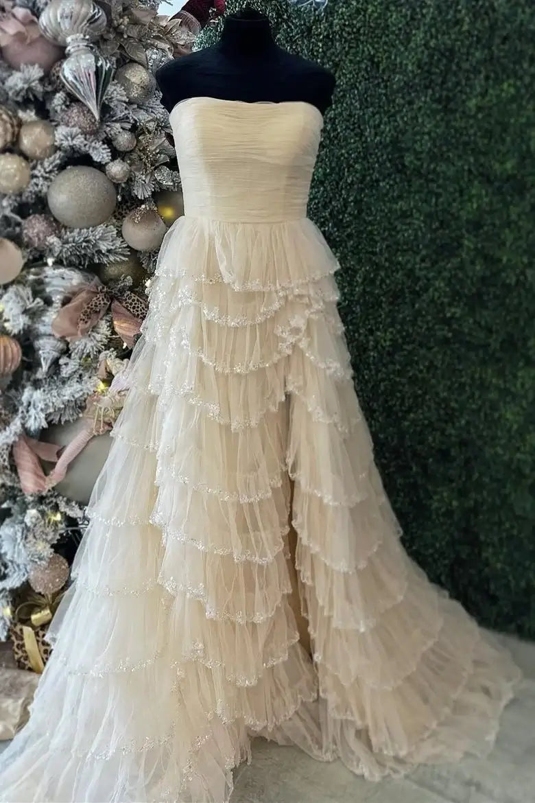 Tube Top Strapless Sleeveless Beaded Sequined Applique Tulle Tiered Prom Dress with High Slit