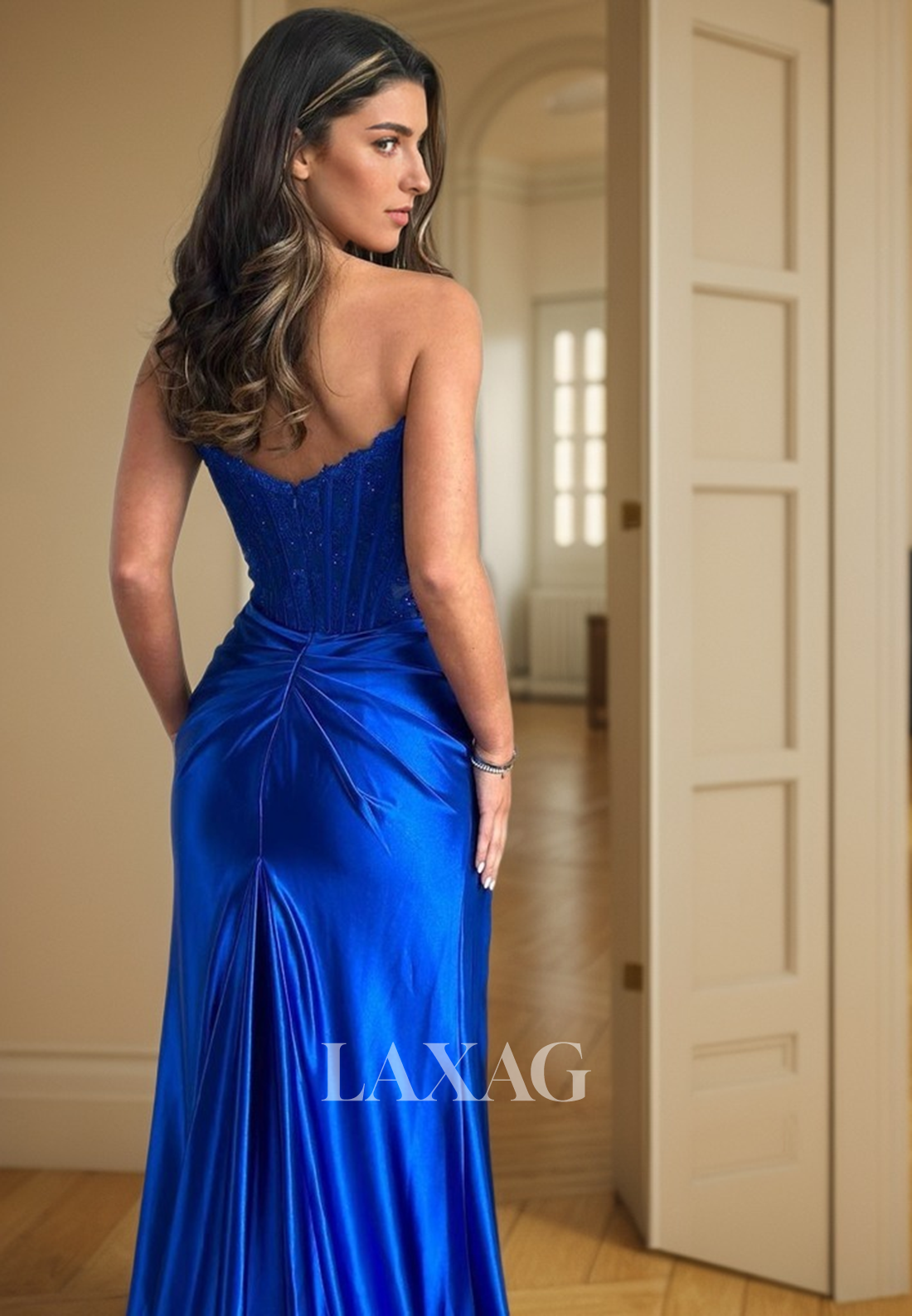 22153 - Strapless Appliques Beaded Sleek Satin High Slit Party Prom Formal Evening Dress