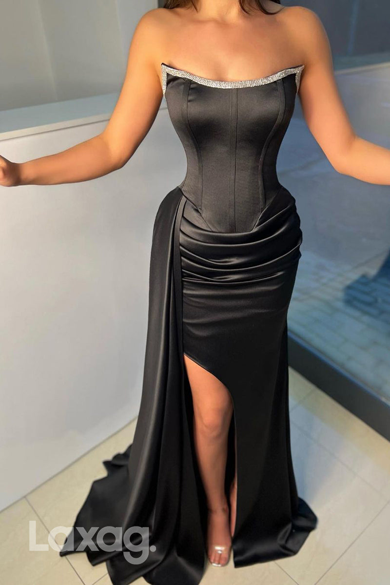 22191 - Strapless Beaded Draped Sleek Satin Party Prom Formal Evening Dress with Slit
