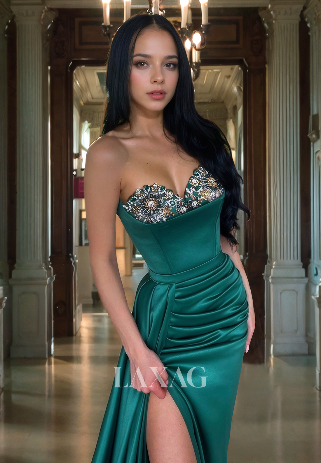 14751 - Sweetheart Crystal Draped Satin Prom Evening Dress With Slit