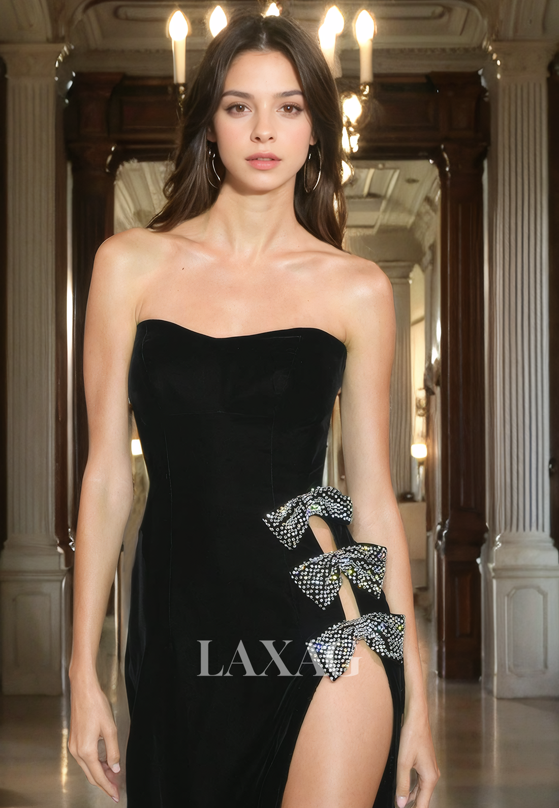 Strapless Beaded Sleek Satin High Slit Party Prom Formal Evening Dress