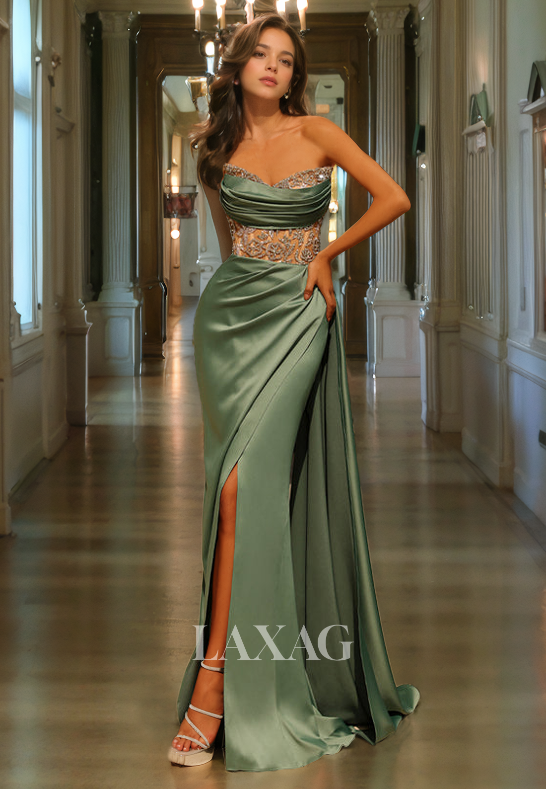Strapless Beaded Sleek Satin High Slit Party Prom Formal Evening Dress Laxag Strapless Beaded Sleek Satin High Slit Party Prom Formal Evening Dress Laxag